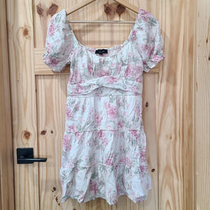 Trixxi Tiered Fit & Flare Dress Smocked Lined Pink Floral Cottagecore Size M